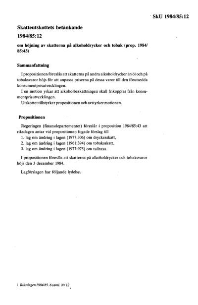 Omslaget till bet. 1984/85:SkU12