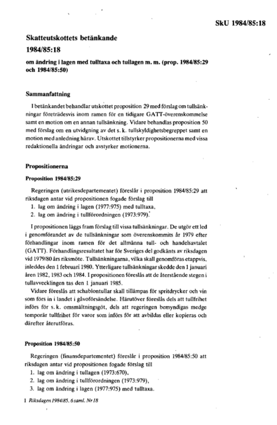 Omslaget till bet. 1984/85:SkU18