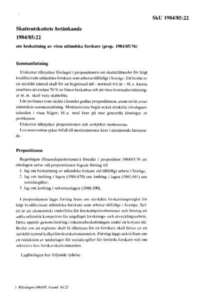 Omslaget till bet. 1984/85:SkU22