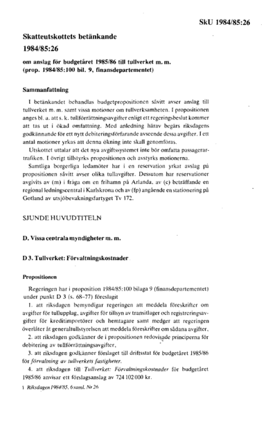 Omslaget till bet. 1984/85:SkU26