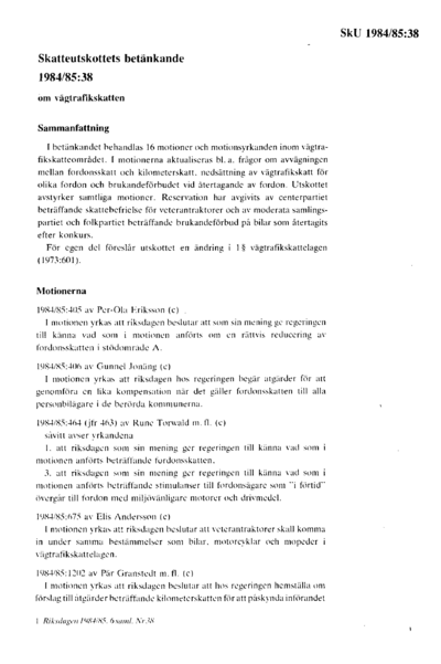 Omslaget till bet. 1984/85:SkU38