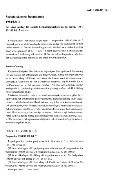 Omslaget till bet. 1984/85:SoU14