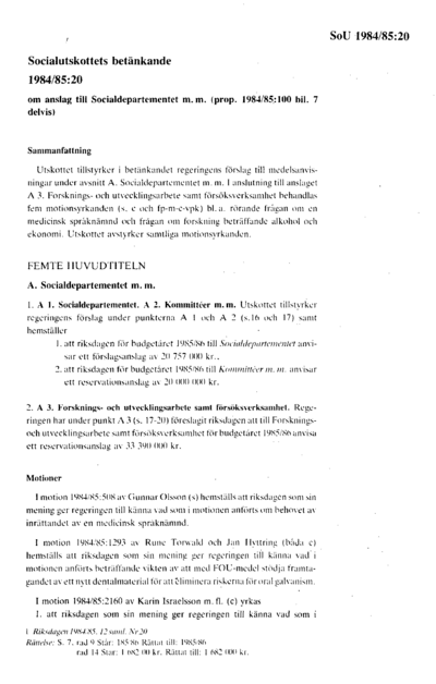 Omslaget till bet. 1984/85:SoU20