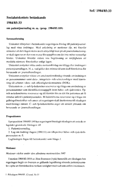 Omslaget till bet. 1984/85:SoU33