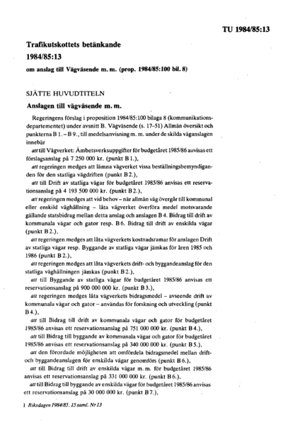 Omslaget till bet. 1984/85:TU13