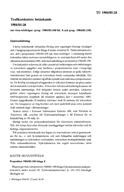 Omslaget till bet. 1984/85:TU28