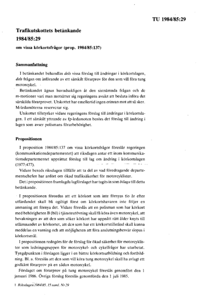 Omslaget till bet. 1984/85:TU29
