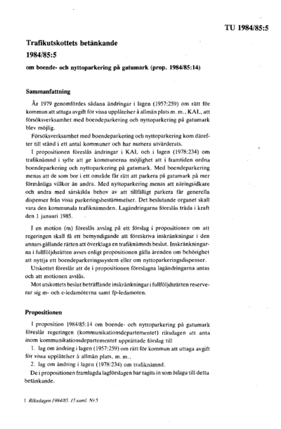 Omslaget till bet. 1984/85:TU5