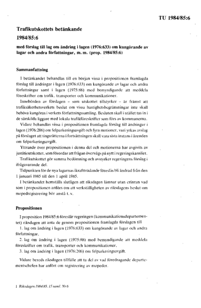 Omslaget till bet. 1984/85:TU6