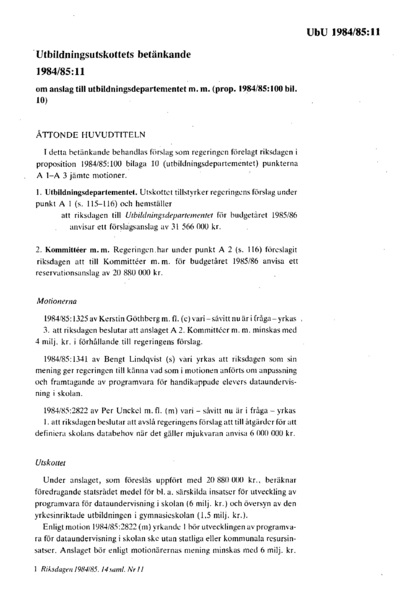 Omslaget till bet. 1984/85:UbU11