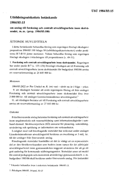 Omslaget till bet. 1984/85:UbU15