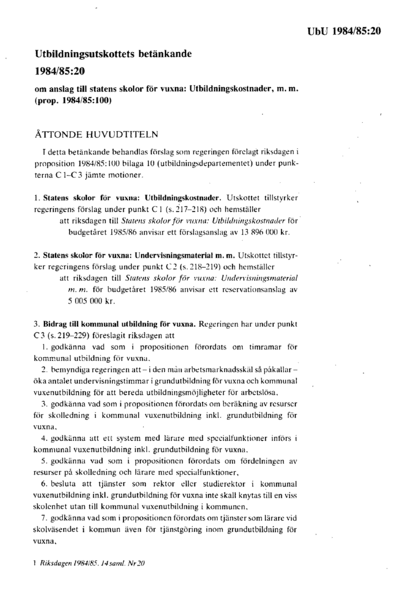 Omslaget till bet. 1984/85:UbU20