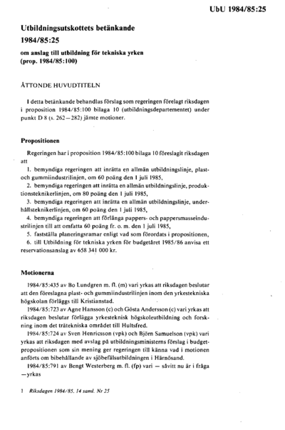Omslaget till bet. 1984/85:UbU25
