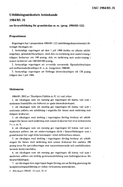 Omslaget till bet. 1984/85:UbU31