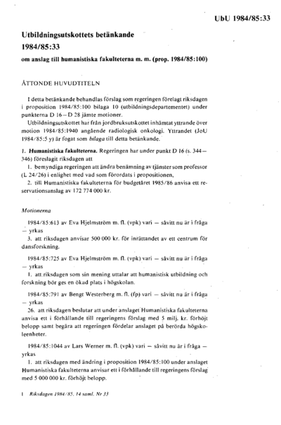 Omslaget till bet. 1984/85:UbU33