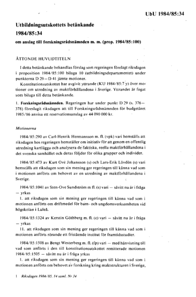 Omslaget till bet. 1984/85:UbU34
