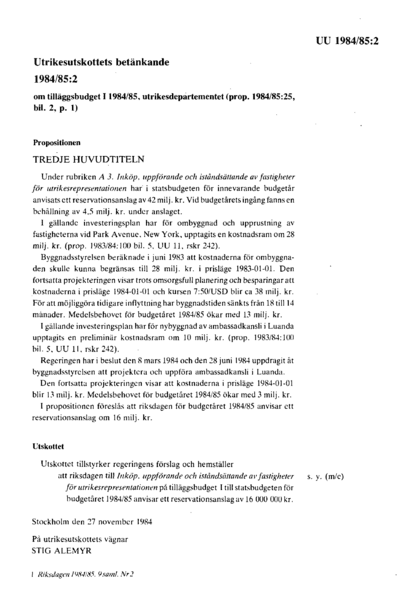 Omslaget till bet. 1984/85:UU2