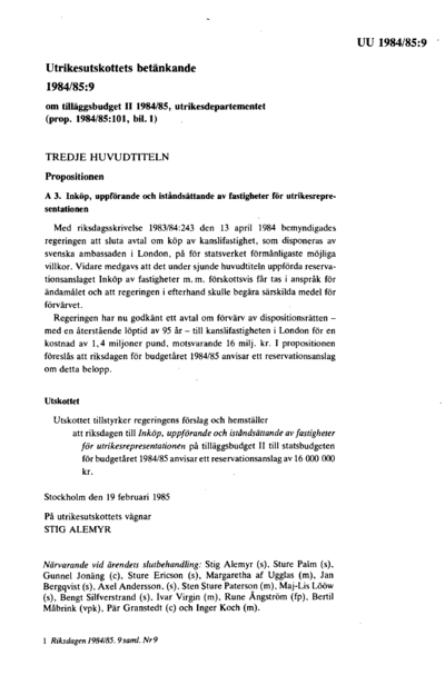 Omslaget till bet. 1984/85:UU9