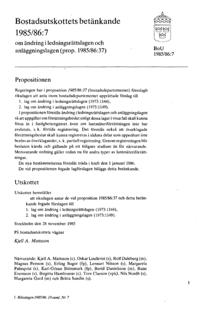 Omslaget till bet. 1985/86:BoU7