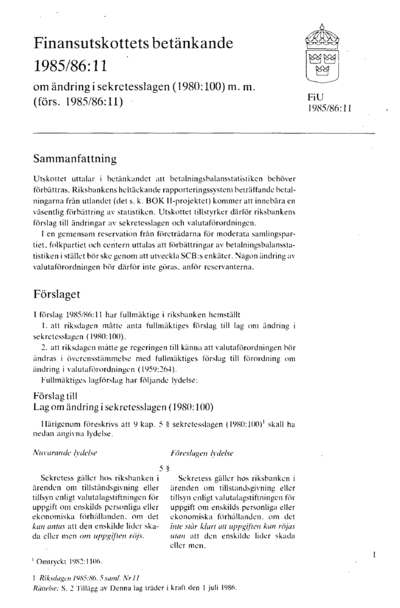 Omslaget till bet. 1985/86:FiU11