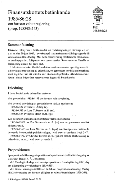 Omslaget till bet. 1985/86:FiU28
