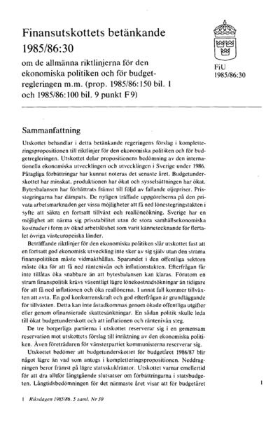Omslaget till bet. 1985/86:FiU30