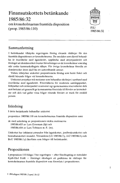 Omslaget till bet. 1985/86:FiU32