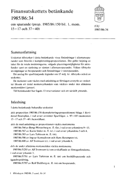 Omslaget till bet. 1985/86:FiU34