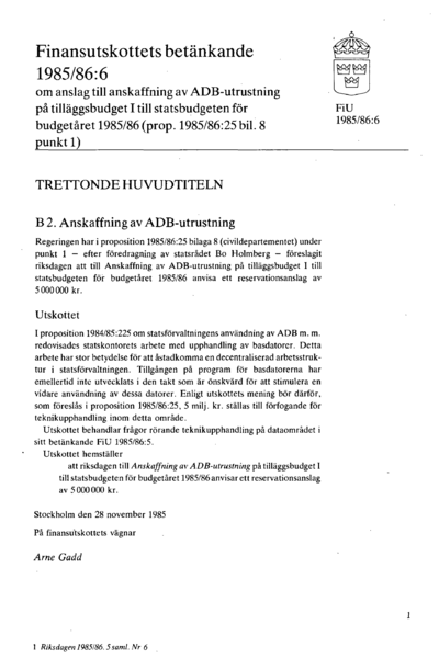 Omslaget till bet. 1985/86:FiU6