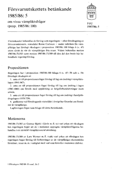 Omslaget till bet. 1985/86:FöU5