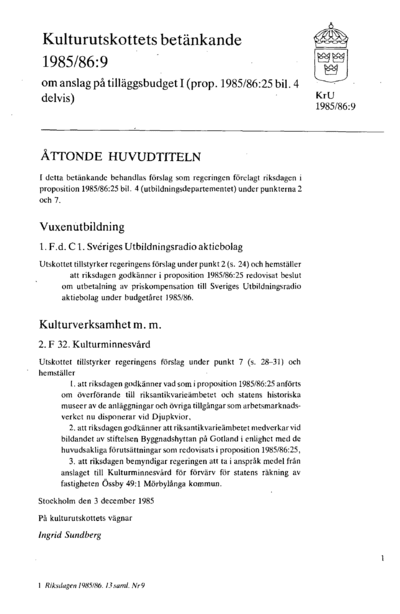 Omslaget till bet. 1985/86:KrU9