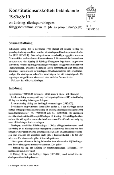 Omslaget till bet. 1985/86:KU10