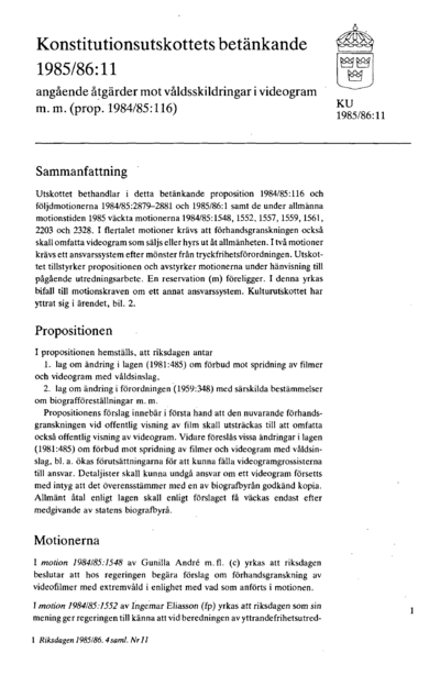 Omslaget till bet. 1985/86:KU11