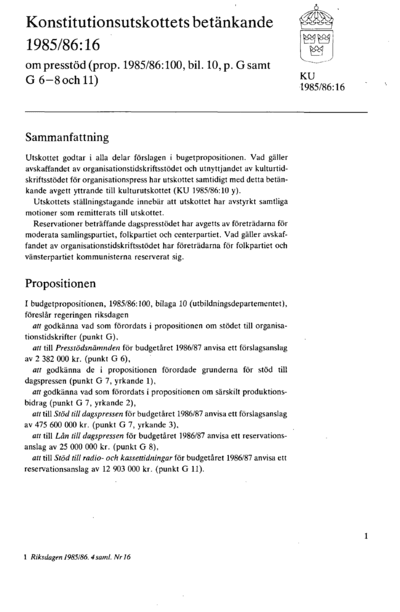 Omslaget till bet. 1985/86:KU16