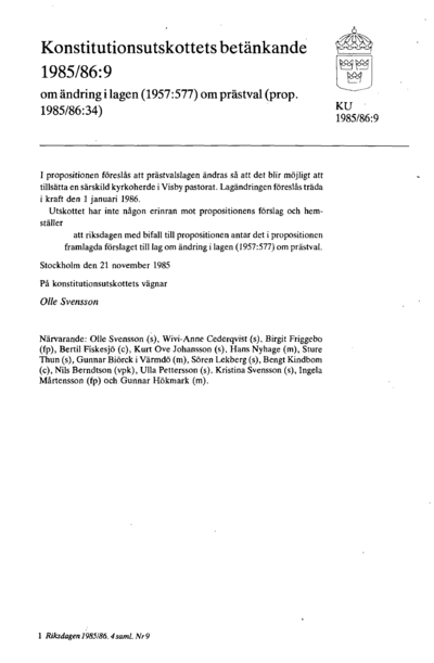 Omslaget till bet. 1985/86:KU9