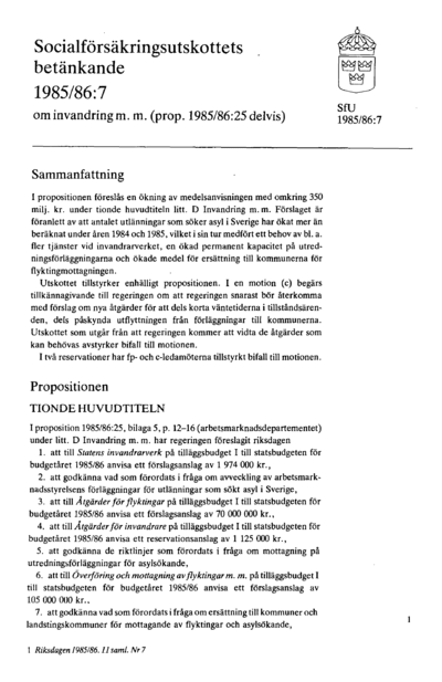 Omslaget till bet. 1985/86:SfU7