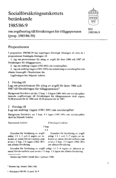 Omslaget till bet. 1985/86:SfU9