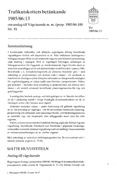 Omslaget till bet. 1985/86:TU13