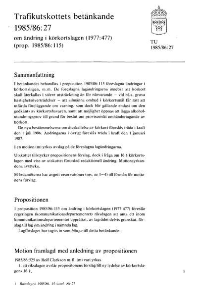 Omslaget till bet. 1985/86:TU27