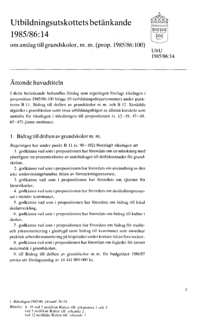 Omslaget till bet. 1985/86:UbU14