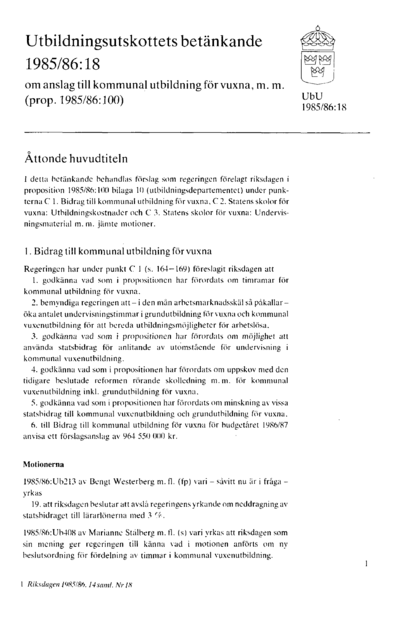 Omslaget till bet. 1985/86:UbU18