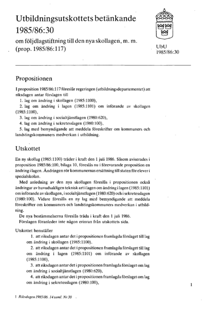 Omslaget till bet. 1985/86:UbU30
