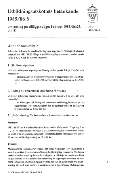 Omslaget till bet. 1985/86:UbU8