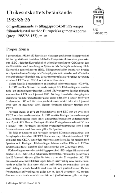 Omslaget till bet. 1985/86:UU26