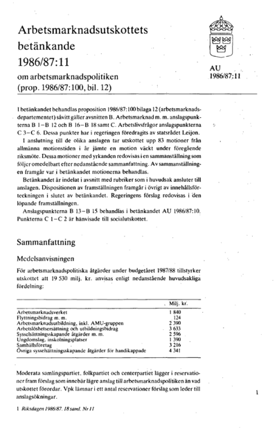 Omslaget till bet. 1986/87:AU11