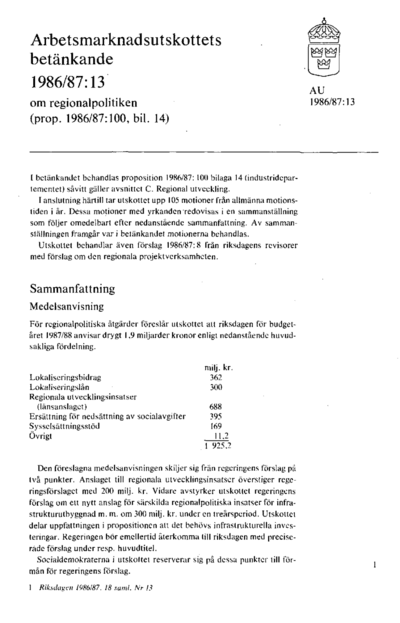 Omslaget till bet. 1986/87:AU13