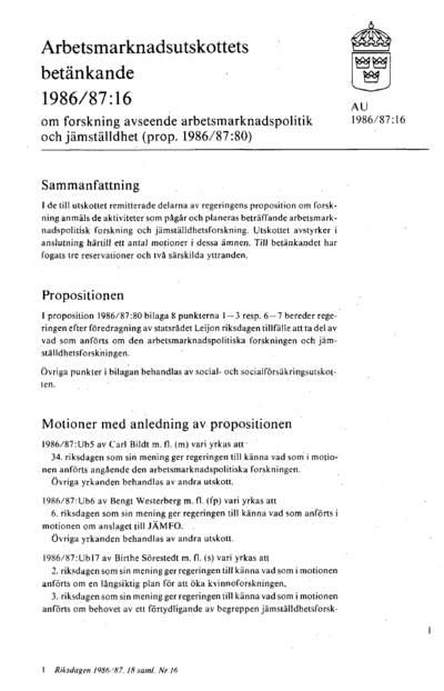 Omslaget till bet. 1986/87:AU16