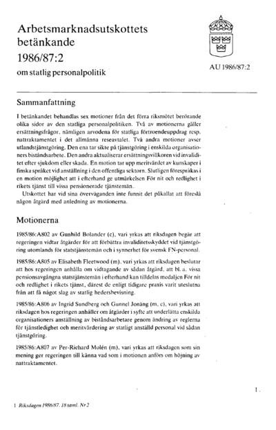 Omslaget till bet. 1986/87:AU2
