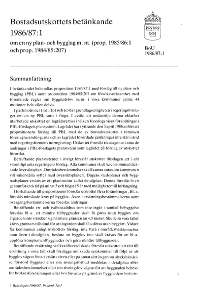 Omslaget till bet. 1986/87:BoU1