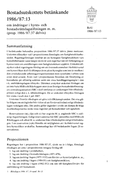 Omslaget till bet. 1986/87:BoU13